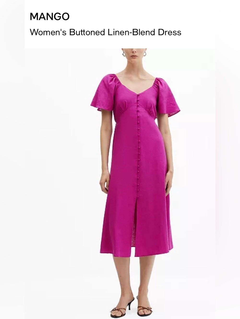 Mango Fuchsia Flutter-Sleeve Linen Blend Button-Front Midi Dress - NWT
